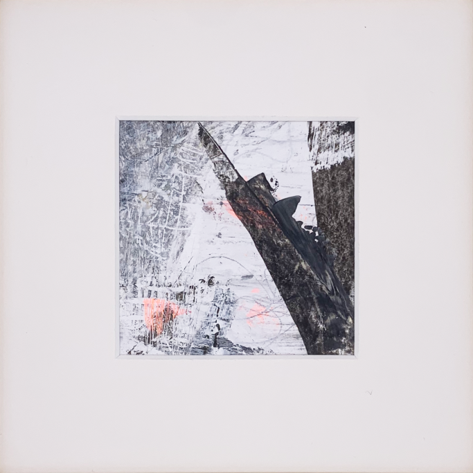 Abstraktes Kunstwerk mit geometrischen Formen und kontrastierenden Farben in Grautönen.